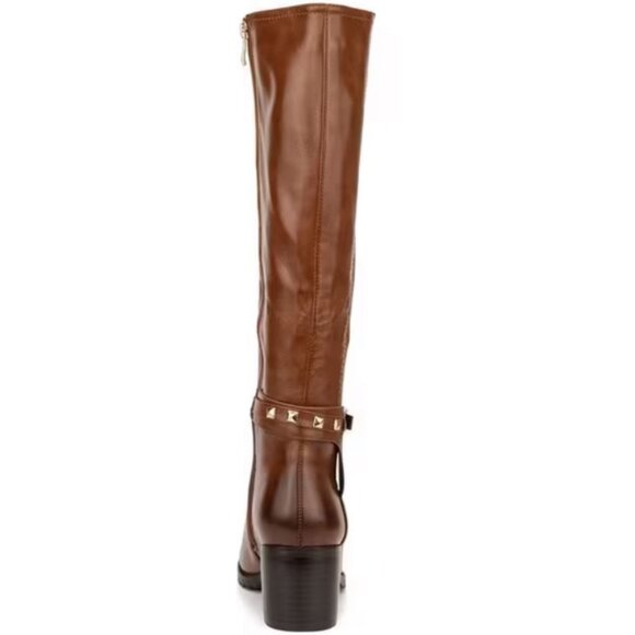 Torgies Womens 6 Cognac Brown Faux Leather Riding Boots With Gold Studded Strap - Picture 12 of 16